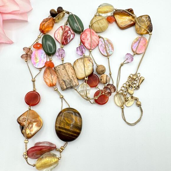 Lia Sophia Maggie Shell Gemstone Glass Bead Long Station Necklace Boho Beach 38” - Picture 11 of 14